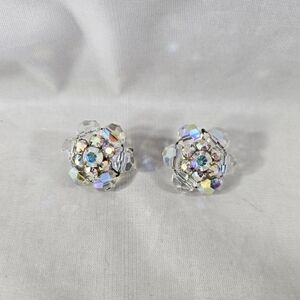 Clip On Iridescent Beaded Flower Shape Earrings Beads Faux Diamonds Vintage